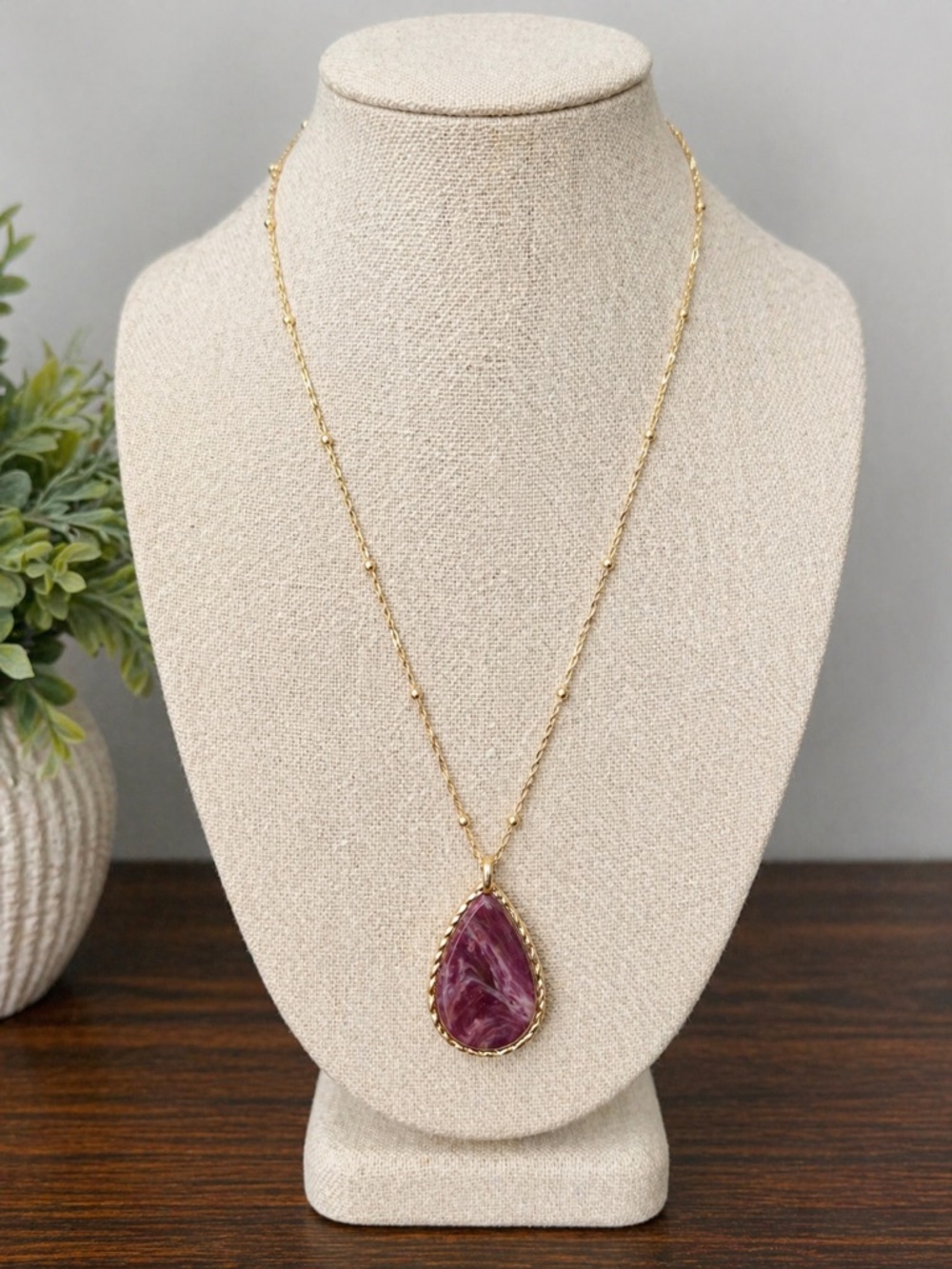 Reversible Teardrop Pendant Necklace Purple & Gold Tone Boho Statement